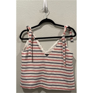 ZARA V-Neck Striped Red Blue Antique White Tie Blouse